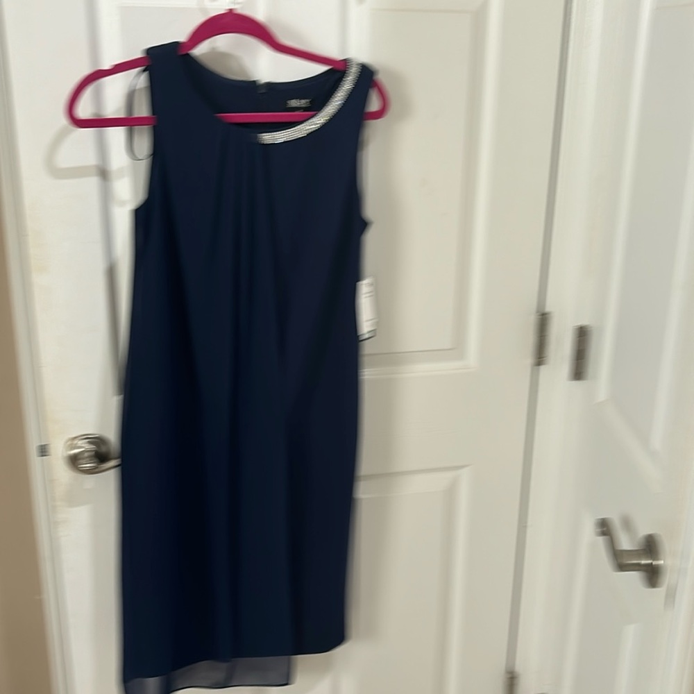 Brand new with tags rhinestone detail, chiffon overlay sleeveless, navy formal